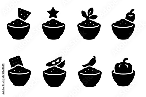 Bean Dip Icon Set. Solid, filled icon set of bean dip regional varieties: Mexican, Southwestern, Mediterranean, Tex-Mex, Caribbean