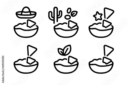Bean Dip Icon Set. Solid, filled icon set of bean dip regional varieties: Mexican, Southwestern, Mediterranean, Tex-Mex, Caribbean