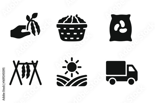 Bean Harvesting Icons. Solid, filled icon set of bean plant harvesting: hand picking, basket full of pods, sack of beans, tractor,