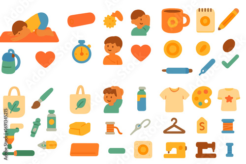 Children's Fitness Icons. Flat vector mini-illustrations Push-up warm-up stretches in colors children's illustrations: person