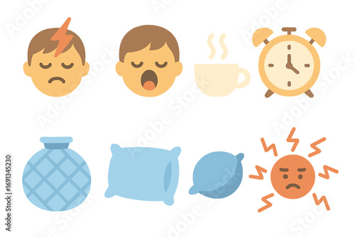 Children's Headache Icons. Flat vector mini-illustrations Headache and fatigue in colors children's illustrations: head with