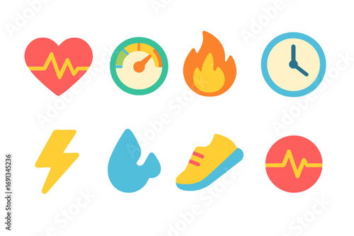 Children's Health Icons. Flat vector mini-illustrations Elevated heart rate in colors children's illustrations: heart with ECG