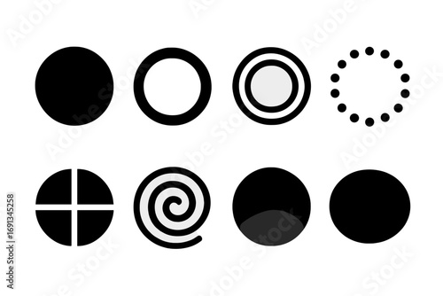 Black Circle Icons. Solid, filled icon set of geometric circles: filled circle, hollow circle, concentric circles, dotted circle,