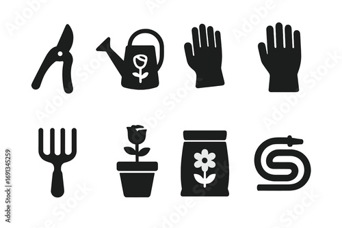 Black Gardening Icon Set. Solid, filled icon set of rose gardening tools: pruning shears, watering can, gardening gloves, trowel,