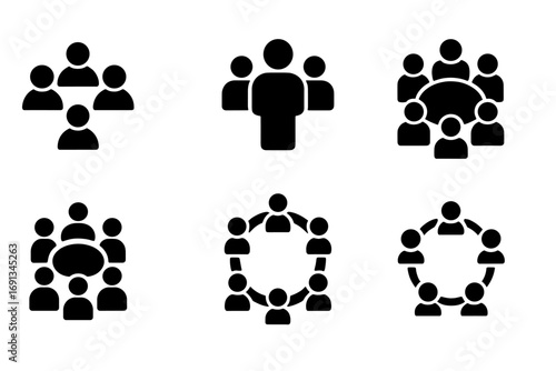 Black Icon Grid. Solid, filled icon set of social group circles: community circle, support group, team circle, leadership ring,