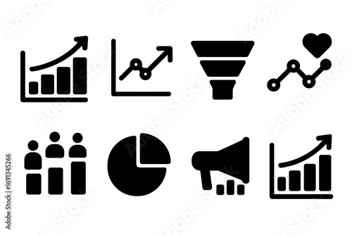 Black Marketing Icons. Solid, filled icon set of marketing graphs: sales graph, conversion rate, funnel chart, engagement graph,