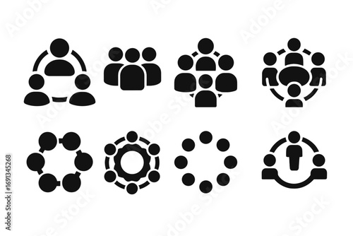 Black Icon Grid. Solid, filled icon set of social group circles: community circle, support group, team circle, leadership ring,