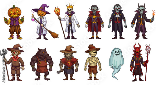 Cartoon illustration featuring a collection of Halloween characters, including pumpkins, vampires, a mummy, a ghost, and a devil, all isolated on a white background.