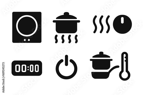 Black Kitchen Icons. Solid, filled icon set of induction cooking: induction stove, pot on burner, heat waves, control knob, timer