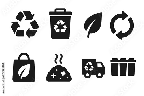 Black Recycling Icons. Solid, filled icon set of recycling symbols: recycling arrows, recycle bin, green leaf, circular arrows,