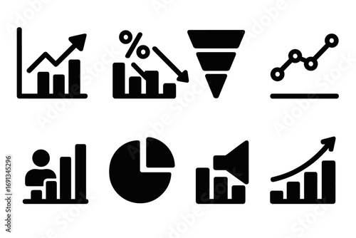 Black Marketing Icons. Solid, filled icon set of marketing graphs: sales graph, conversion rate, funnel chart, engagement graph,