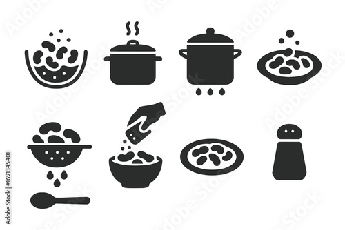 Boiled Bean Icon Steps. Solid, filled icon set of boiled bean preparation steps: soaking beans, boiling pot, simmering pot,