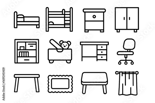 Children's Room Essentials. Outline icon set of children’s room furniture essentials: single bed, bunk bed, nightstand, dresser,