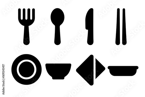 Boiled Bean Utensils. Solid, filled icon set of boiled bean utensils: fork, spoon, knife, chopsticks, plate, bowl, napkin, tray.