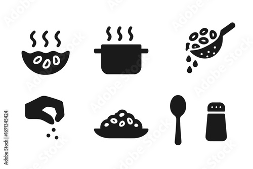Boiled Bean Icon Steps. Solid, filled icon set of boiled bean preparation steps: soaking beans, boiling pot, simmering pot,