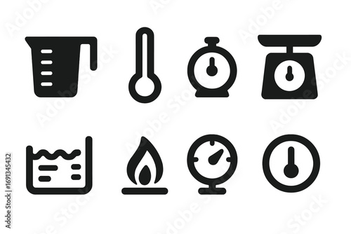 Boiling Measurement Icons. Solid, filled icon set of boiling related measurements: measuring cup, thermometer, timer, scale, pot
