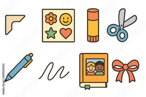 Children's Scrapbook Icons. Flat vector mini-illustrations Memory scrapbook sharing in colors children's illustrations: photo
