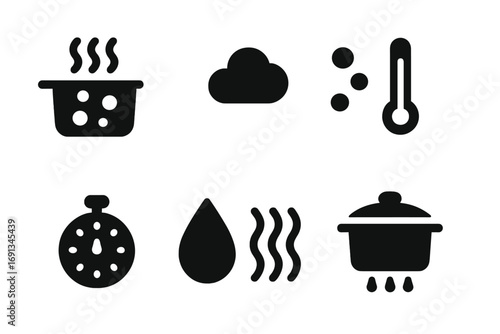 Boiling Process Icons. Solid, filled icon set of boiling process: boiling water, steam cloud, bubbles, thermometer, timer, water