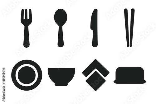 Boiled Bean Utensils. Solid, filled icon set of boiled bean utensils: fork, spoon, knife, chopsticks, plate, bowl, napkin, tray.