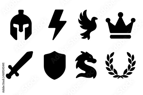Bold Culture Icons. Solid, filled icon set of boldness symbols in culture: warrior mask, thunderbolt, phoenix, crown, sword,