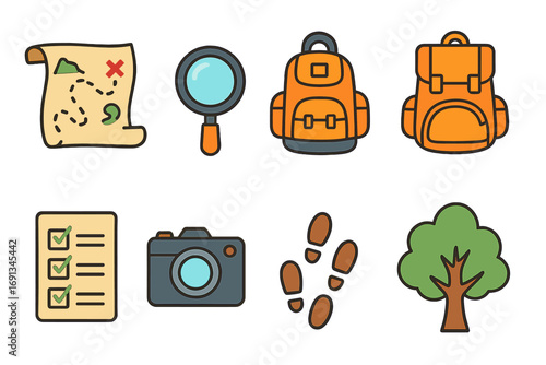 Children's Scavenger Adventure Icons. Flat vector mini-illustrations Scavenger hunt adventure in colors children's illustrations: