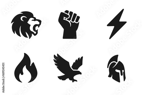 Bold Icon Set. Solid, filled icon set of boldness symbols: roaring lion, clenched fist, raised flag, lightning bolt, fire flame,