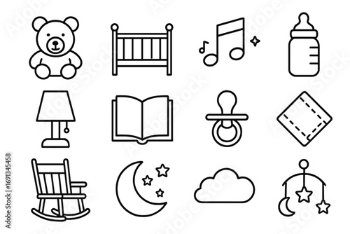 Children's Sleep Icons. Outline icon set of children’s sleep routine: teddy bear, crib, lullaby music note, baby bottle,