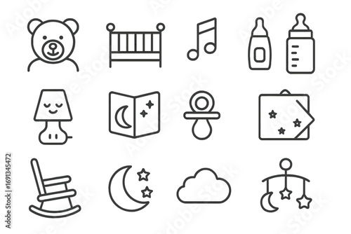 Children's Sleep Icons. Outline icon set of children’s sleep routine: teddy bear, crib, lullaby music note, baby bottle,