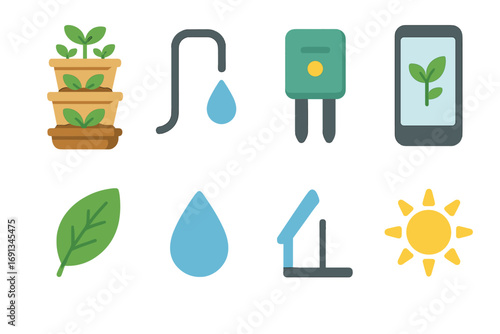 Children's Solar Icons. Flat vector mini-illustrations Vertical smart planter in colors children's illustrations: stacked planter,