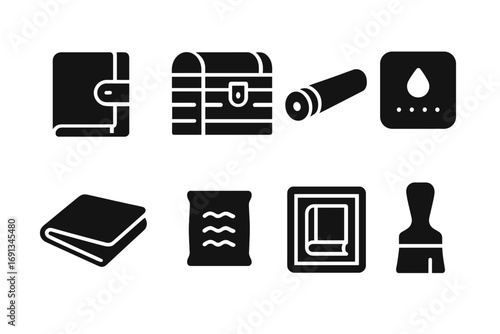 Book Preservation Tools. Solid, filled icon set of book preservation tools: leather wrap, wooden chest, scroll tube, humidity