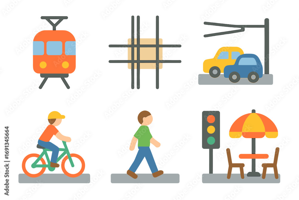 Naklejka premium Children's Tram Intersection. Flat vector mini-illustrations Intersection with tram tracks in colors children’s illustrations: