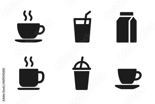 Breakfast Beverage Icons. Solid, filled icon set of toast and drinks: coffee cup, tea cup, orange juice glass, milk carton, hot