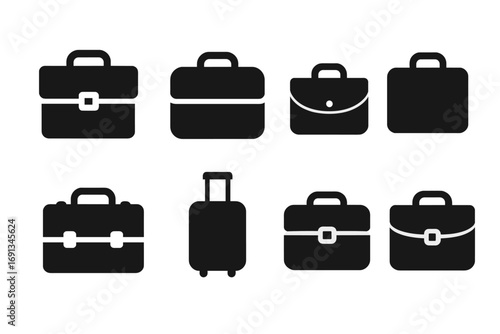 Briefcase Icon Collection. Solid, filled icon set of briefcase types: classic briefcase, laptop bag, messenger bag, portfolio,