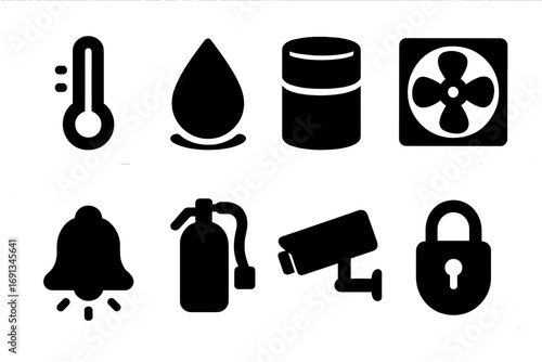 Bulk Beans Icon Set. Solid, filled icon set of bulk beans storage conditions: temperature gauge, humidity icon, sealed container,