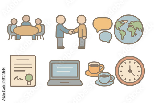 Children's Trade Negotiation Icons. Flat vector mini-illustrations Trade agreement negotiation round table in colors children’s