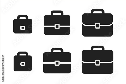 Briefcase Icon Grid. Solid, filled icon set of briefcase sizes: small, medium, large, compact, expandable, slim, bulky, standard.