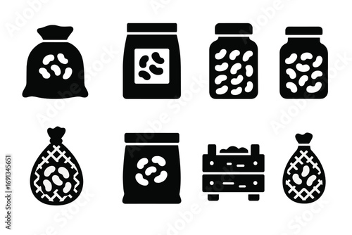 Bulk Beans Packaging Icons. Solid, filled icon set of bulk beans packaging: burlap sack, paper bag, plastic container, glass jar,