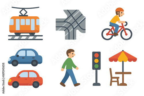 Children's Tram Intersection. Flat vector mini-illustrations Intersection with tram tracks in colors children’s illustrations: