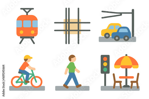 Children's Tram Intersection. Flat vector mini-illustrations Intersection with tram tracks in colors children’s illustrations: