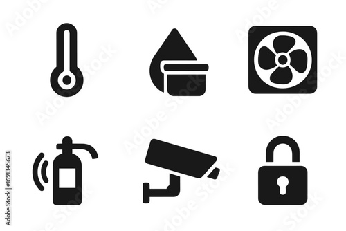 Bulk Beans Icon Set. Solid, filled icon set of bulk beans storage conditions: temperature gauge, humidity icon, sealed container,