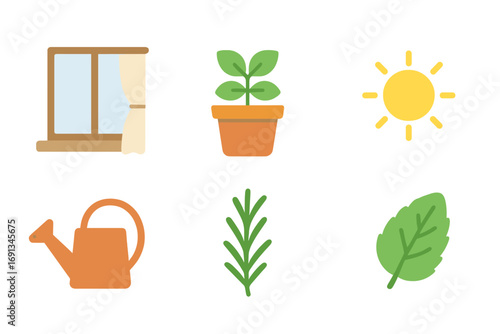 Children's Window Herb Garden. Flat vector mini-illustrations Window sill herb garden in colors children's illustrations: window