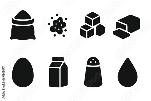 Bun Ingredients Icons. Solid, filled icon set of bun ingredients: flour, yeast, sugar, butter, egg, milk, salt, water. Solid,