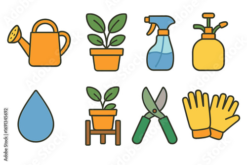 Children's Yoga and Gardening. Flat vector mini-illustrations Watering houseplants together in colors children's illustrations: