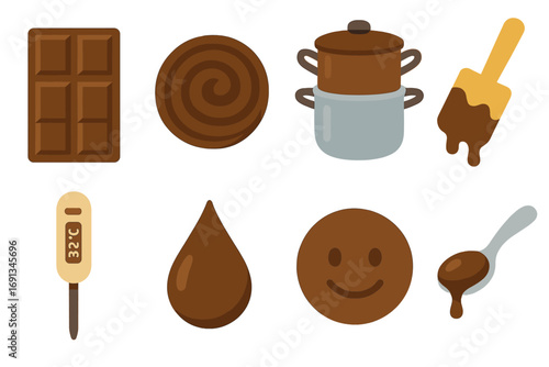 Chocolate Melting Icons. Flat vector mini-illustrations Chocolate melting and tempering in colors children’s illustrations: