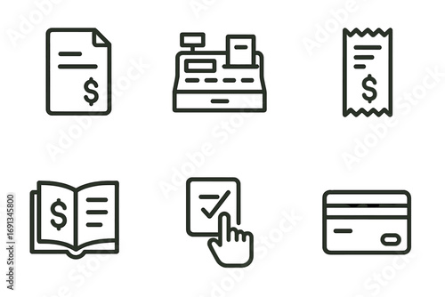 Business Expense Icon Set. Outline icon set of business expense: invoice, purchase order, cash register, expense receipt,