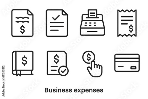 Business Expense Icon Set. Outline icon set of business expense: invoice, purchase order, cash register, expense receipt,