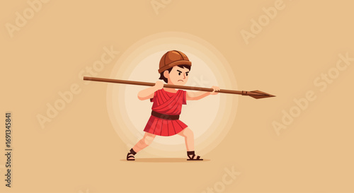 Young ancient warrior boy in a red tunic holding a spear.