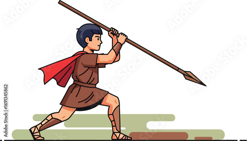 Young Ancient Warrior in Tunic and Cape Holding a Spear.