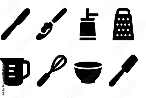 Butter Tools Icons. Solid, filled icon set of butter tools: butter knife, spreading knife, butter churn, grater, measuring cup,