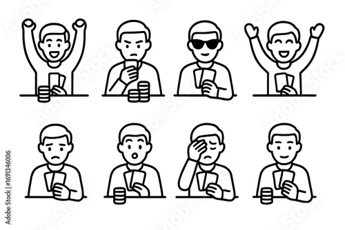 Card Player Emotions. Outline icon set of card player emotions: excitement, focus, bluffing, celebration, disappointment, surprise